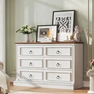 Farmhouse 6 Drawer Dresser for Bedroom, 47" Wide Chest of Drawers with Roman Column, White Wood Dresser with Antique Bronze Circle Handles, Storage Organizer for Living Room, Hallway, Entryway