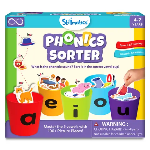 Skillmatics Learning Toys – Phonics Sorter, Vowel Sorting & Early Reading Activity for Kids, Educational Preschool & Kindergarten Toy, Builds Phonemic Awareness, Gifts for Boys & Girls Ages 4, 5, 6, 7