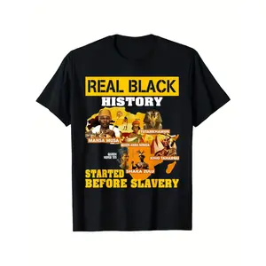 Men'S Black History T-Shirt - "Real Black History" Graphic Tee with Ancient African Leaders & "Started Before Slavery" Text - Vintage Crew Neck, Short Sleeve, Regular Fit, All-Season Casual & Beach Wear, Beach T Shirt, Cultural Statement Apparel, Bold Gra