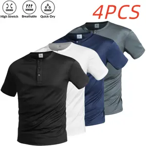 Men’s Summer Henley-Collar Short-Sleeve T-Shirt, Half-Placket, Minimalist Casual Style, Breathable Quick-Dry, High Stretch, Comfortable, Suitable for Commuting/Office Work, Daily Outings, Sports & Fitness, Versatile Top, Four-Pack fathersdaygift