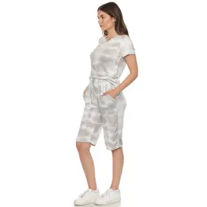 212 MAIN Women's Casual Knit 2-Piece Short-Sleeve Capri Pajama Set - Grey Tie Dye, Large, Adjustable Elastic Fit, Pockets, Soft Breathable Nightwear Top & Pants Clothes (3627-10-L)