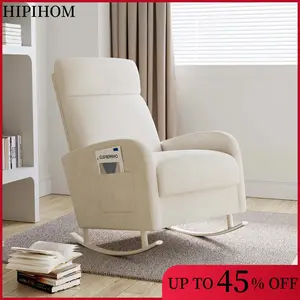 HIPIHOM Nursery Chair Upgrade and reinforce Rocking Chair Mom chair,Ergonomically designed recliner, Soft White Fabric Upholstery , Ideal for Living Room, Home Office & Reading Book. Modern Upholstered Armchair