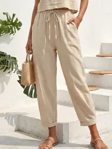 Women's High Waisted Cotton Linen Pants, Casual Loose Tapered Trousers with Pockets & Drawstring, Summer Beach Vacation Boho Style Capris