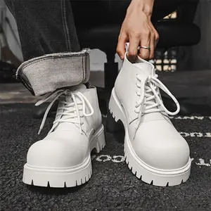 Men's Classic White Chelsea Boots - High-Top, Round Toe, Lace-Up Dress Shoes with Microfiber Faux Uppers & Rubber Sole, Perfect for Casual Wear in Spring/Fall Boy Footwear Closed  Leather Women Decor
