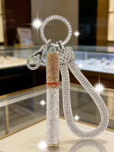 Shiny Rhinestone Keychain with Tassels, Unisex Luxury Car Key Accessory, Full Drill Woven Strap and Dual Diamond Pendant