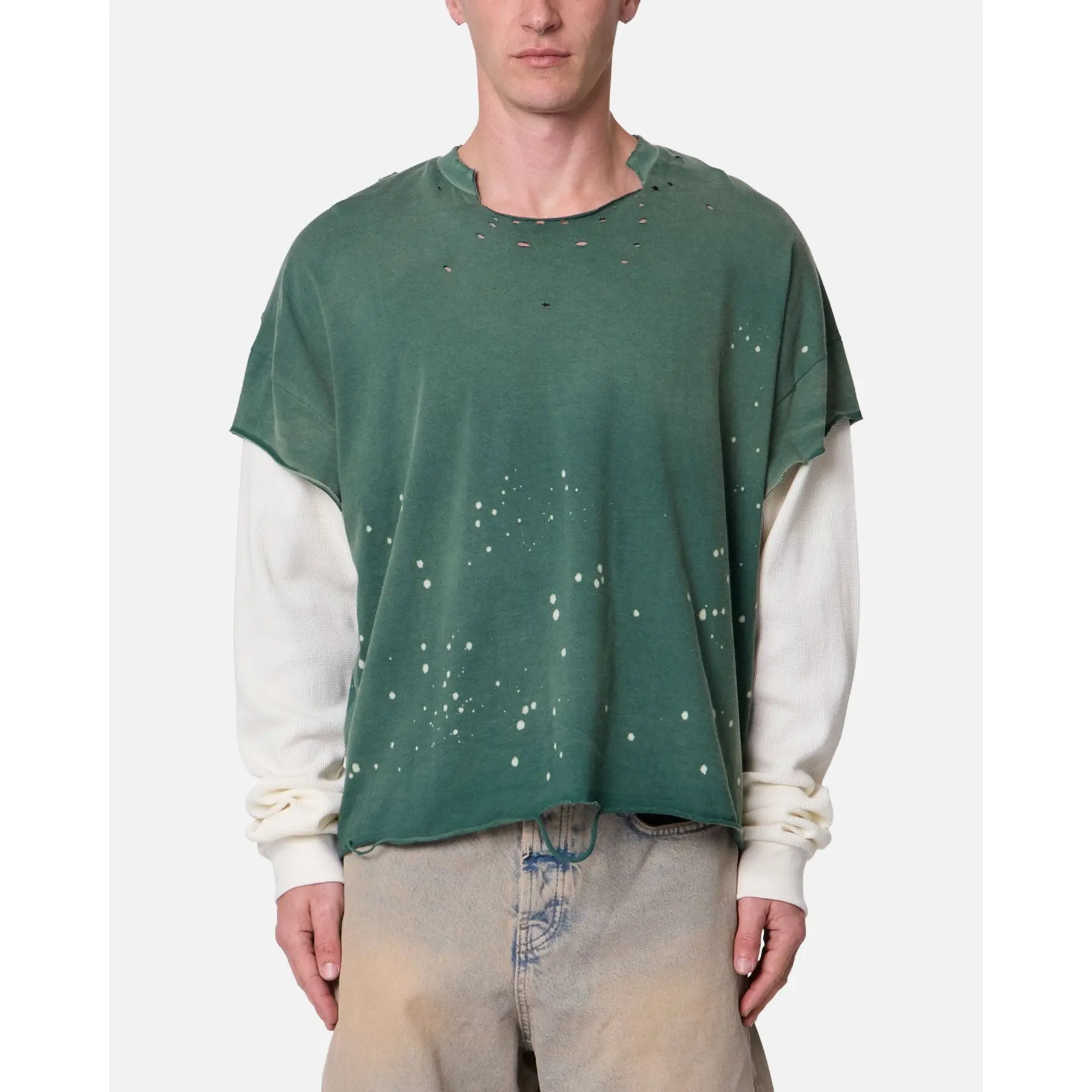 MNML Layered Distressed Painted Long Sleeve T-Shirt Green