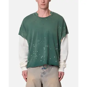 MNML Layered Distressed Painted Long Sleeve T-Shirt Green
