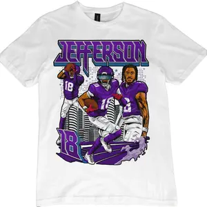 Justin Jefferson Graphic Tee, Menswear Crew Neck Football Streetwear T-Shirt, Unisex Casual Regular Fit Cotton Tops, Good Vintage Hip-Hop Bold Retro Apparel, Men Round Neck Y2K Sports Tees