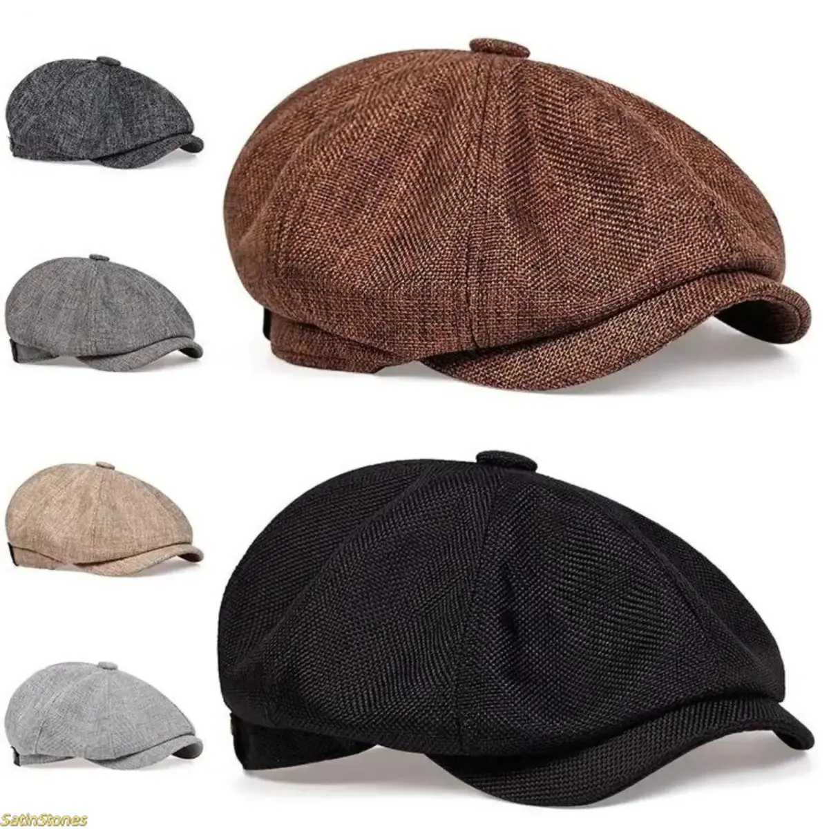 Vintage Textured Cotton Newsboy Cap, Unisex Solid Color British-Style Flat Cap for Casual Everyday Wear, Flat Caps