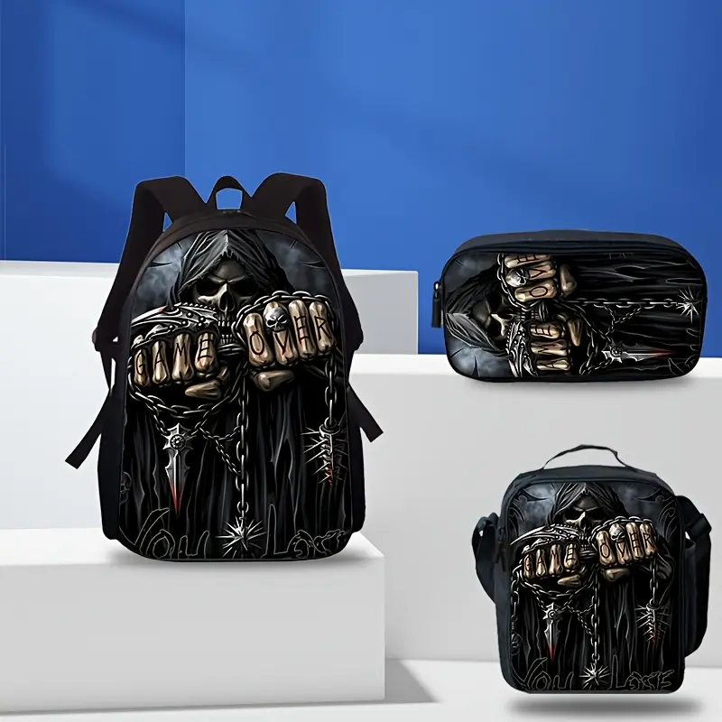 3-Piece Gothic Oxford Backpack Set for Teens, Water-Resistant "Game Over" Grim Reaper Print with Insulated Lunch Box & Pencil Case, Fits 15-Inch Laptop, Campus Life, School Vibe, 3Pcs, Breathable Straps, Dark Gothic, Back To School Haul, Knuckle Text, Set