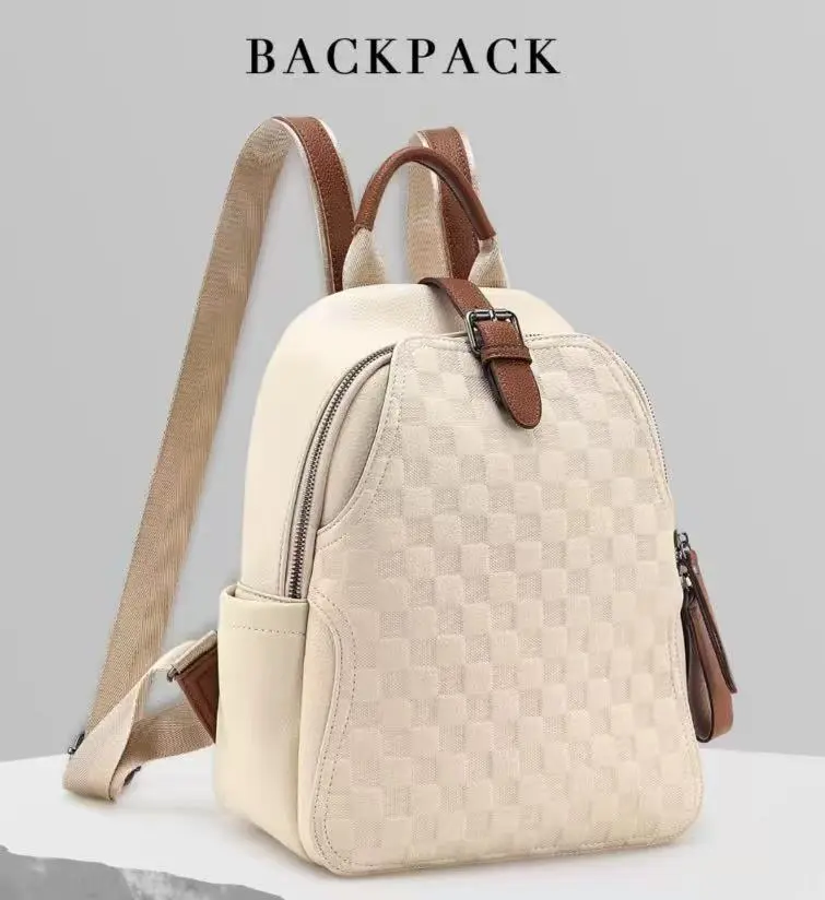 Cute Small Backpack Purse for Women, White Plaid Premium PU Leather Lightweight Laptop Daypack, Waterproof Multi-Pocket Mini Backpack for Travel School Work