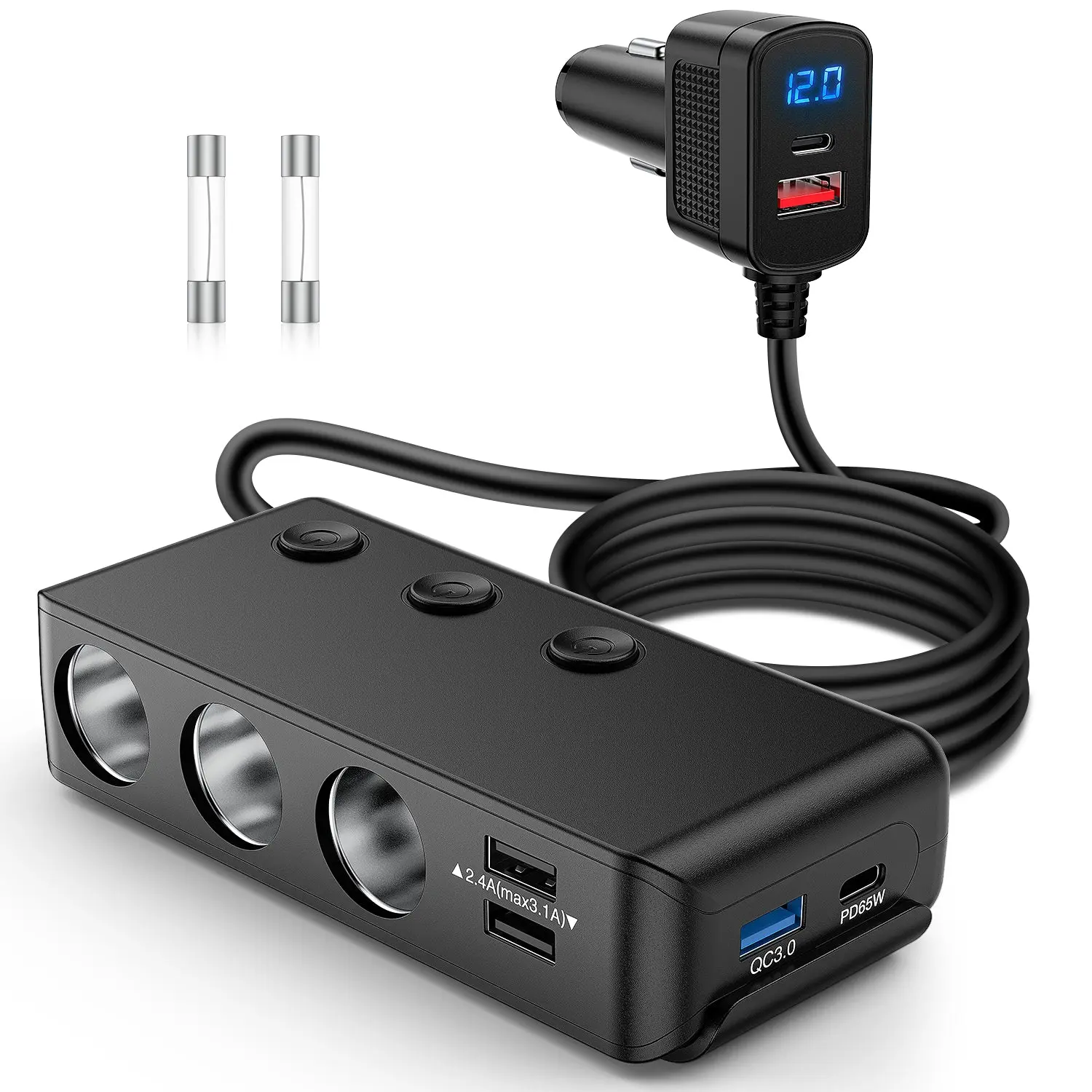 Nilight USB C Car Charger Fast Charging - 9-in-1 USB Car Connector Cigarette Lighter Adapter Splitter, 3 Sockets, 65W PD, 18W QC3.0 Ports, Independent Switches, LED Display Voltage Monitor, Heat Resistant, 12V-24V for SUVs, Trucks, Auto Accessories