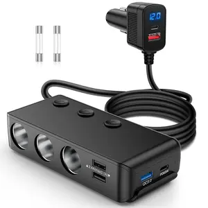 Nilight 9 in 1 Cigarette Lighter Adapter Splitter 3 Sockets PD 65W and QC3.0 18W Ports with Independent Switches LED Voltage Display for 12V 24V Cars SUV Van Truck Jeep