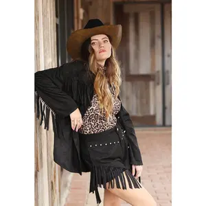 Suede Western Shorts with Fringe Detail - Black
