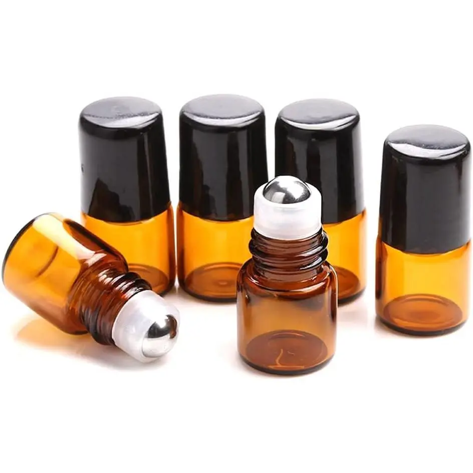 Furnido 25 Pack 1ml Amber Glass Roll on Bottle For Essential Oils,Perfume Vial with Stainless Steel Roller Ball,Black Caps Mini Sample Vials Cosmetics Small Container