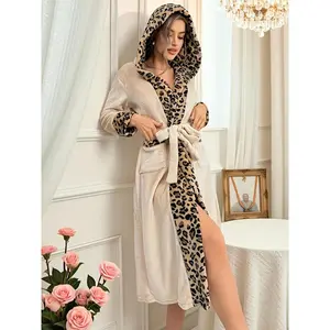 Women's Thermal Lined Leopard Print Bathrobe - Belted Long Sleeve, Soft Comfortable Fall Winter Sleepwear plush texture