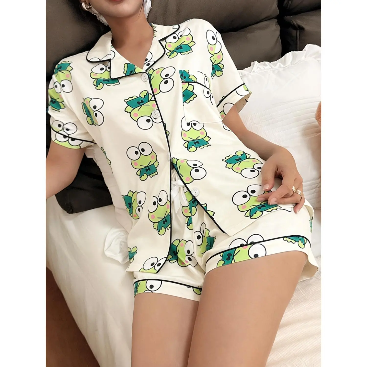 2pcs Spring/Summer Women's Sanrio Keroppi Print Lapel Shorts Sleeve Pajama Set Loungewear