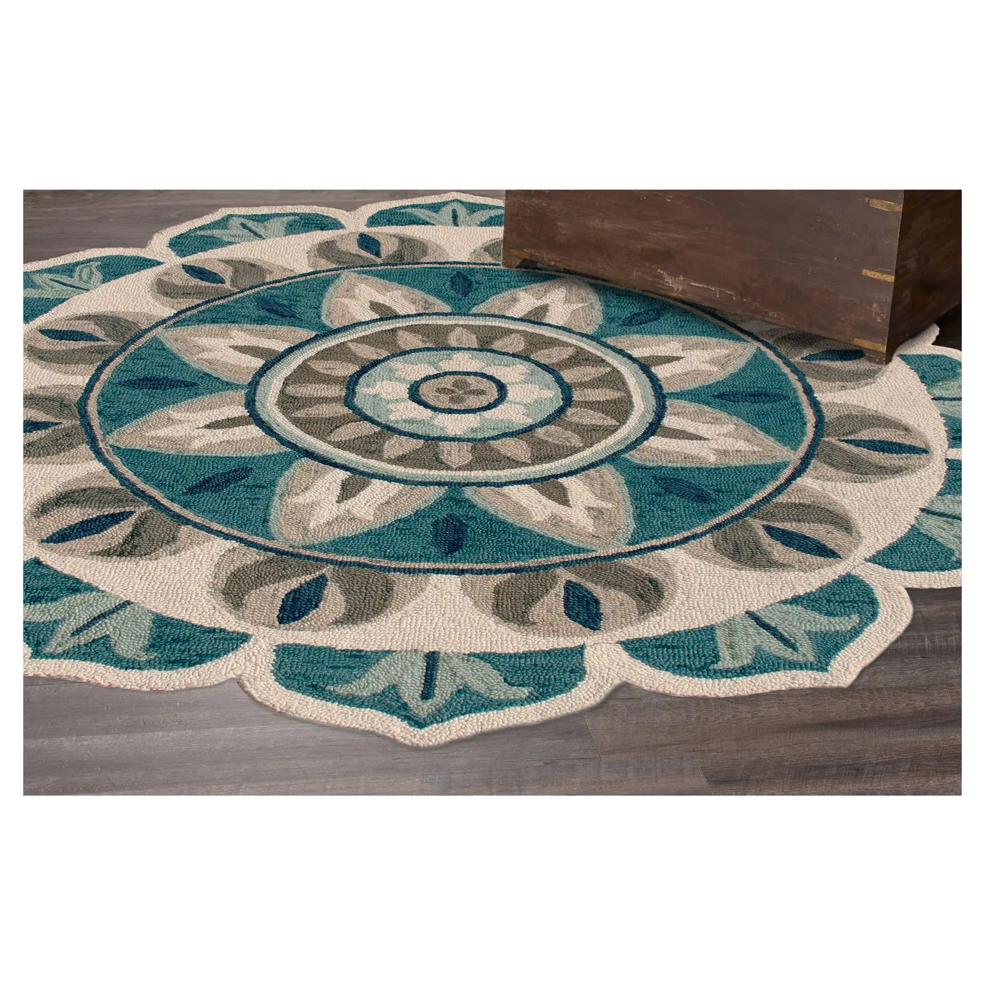 Ox Bay Scalloped Edge Handtufted Wool Indoor Rug, 4' Aqua/Gray