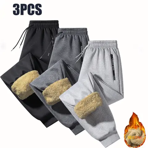 3 pack men’s fleece lined warm jogging pants; windproof, insulated, thick winter sports pants with elastic drawstring design and zippered pockets at the pant legs; casual athletic long pants
