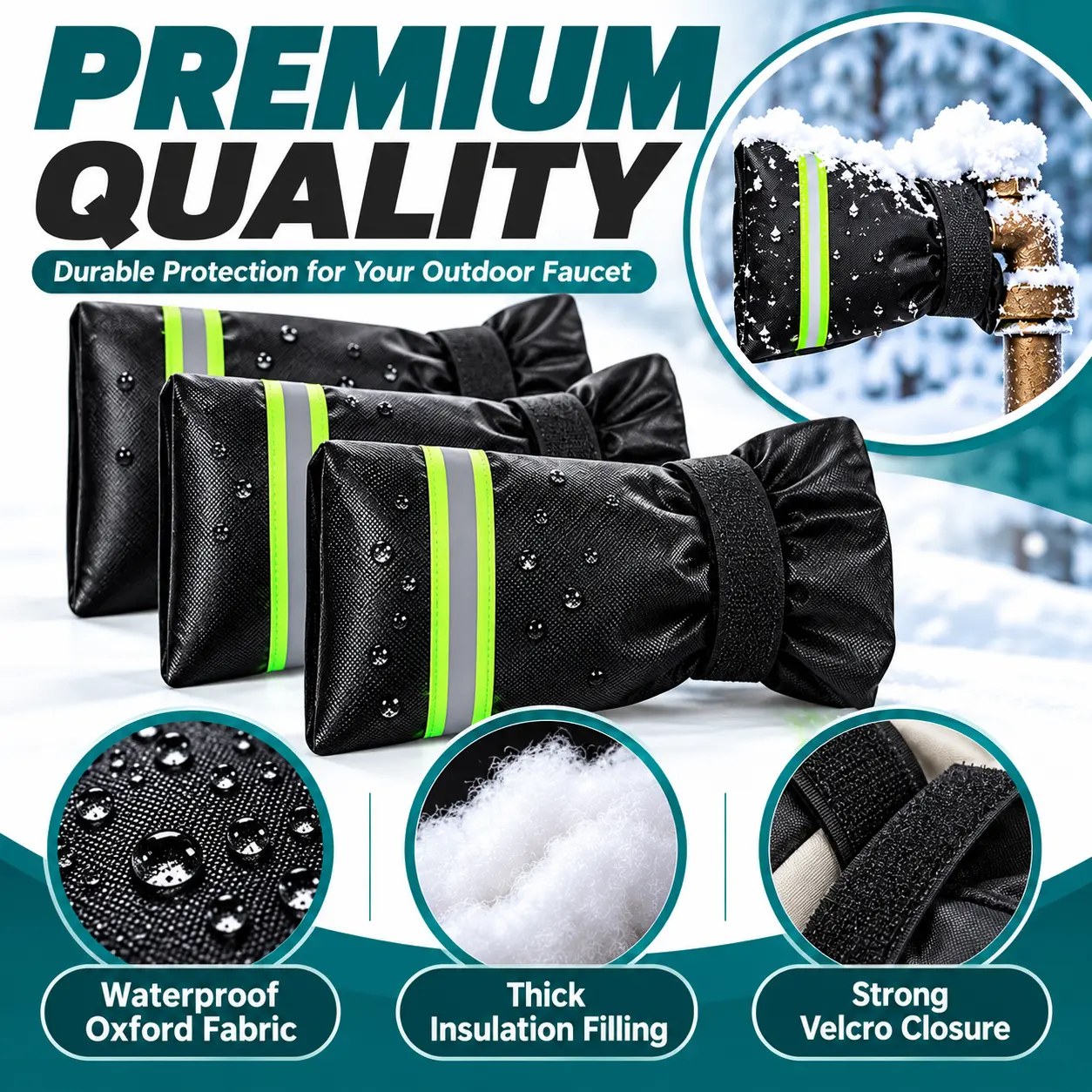 4 Count Faucet Anti Freeze Cover, Waterproof Oxford Fabric Insulated Outdoor Tap Protector with Reflective Strip & Velcro for Winter Cold Frost Protection