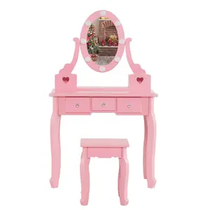 summervibes Karlhome Kids Vanity Set with Mirror and Lights and Stool, 5 Storage Drawers, Pretend Play Princess Makeup Desk Dressing Table and Stool Set for Little Girls Age 3+, Macaroon Pink