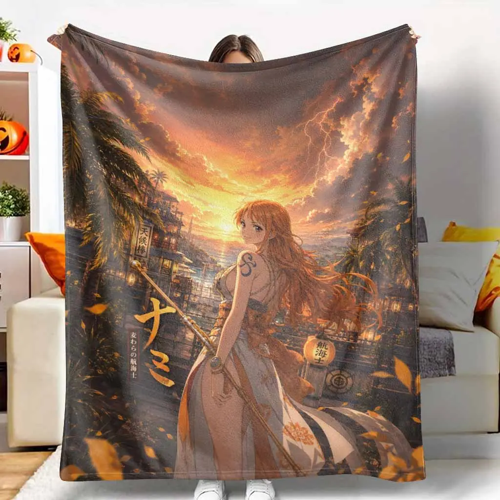 Anime Art Print Sunset Seaside Flannel Blanket - 32*48 Inches Flannel Weave Soft Fabric, Fade Resistant, Lightweight Decorative Throw for Living Room Decor, Home & Travel, Ideal Bedroom Sofa Gift