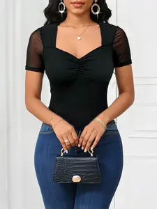 Women's Contrast Mesh Ruched Sweetheart Neck T-Shirt, Business Casual Work Top