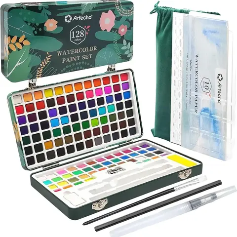 Artecho 128-Color Portable Watercolor Paint Travel Kit - Artist-Quality Sketching Set, Drawing & Painting Supplies with Papers, Nylon Brushes, Metallic Shimmer Accessories in Travel Box for Beginners/Pro, Colorful Art Supplies