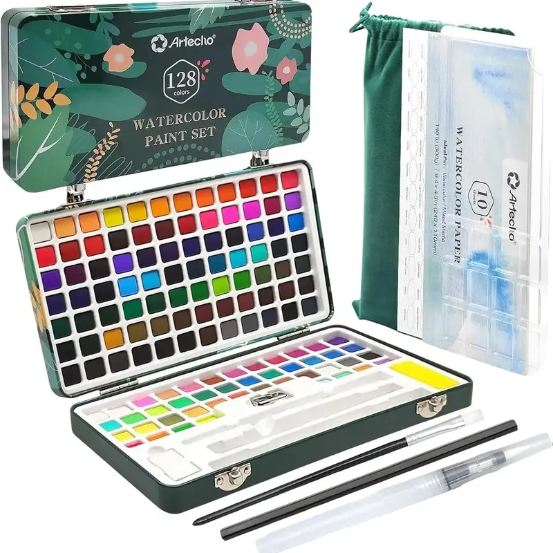 Artecho 128-Color Portable Watercolor Paint Travel Kit - Artist-Quality Sketching Set, Drawing & Painting Supplies with Papers, Nylon Brushes, Metallic Shimmer Accessories in Travel Box for Beginners/Pro, Colorful Art Supplies