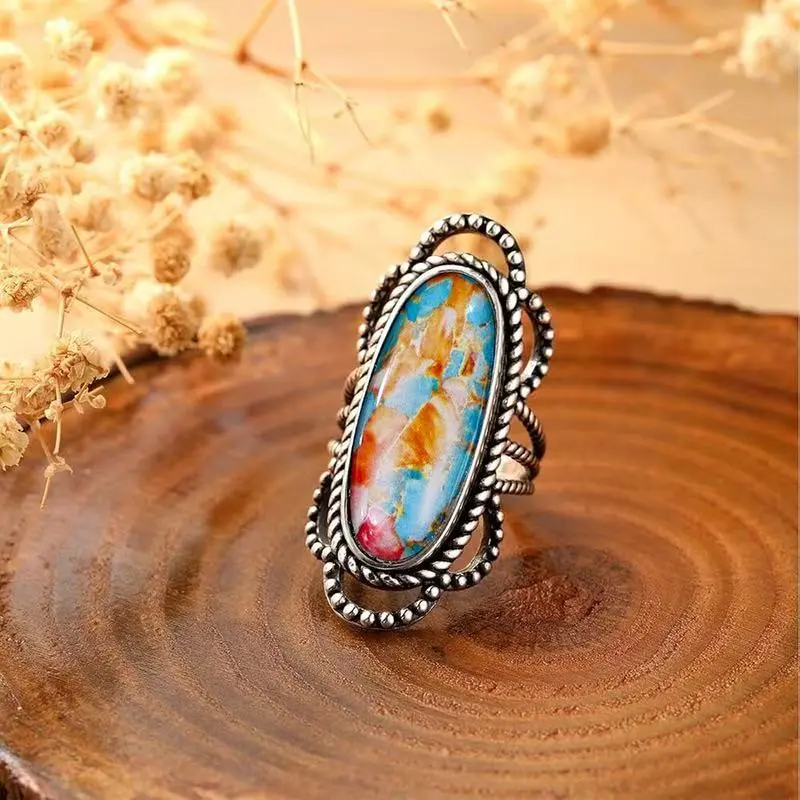 Female Oversized Vintage Rope Twist Western Statement Ring - Oval Natural Gem Feature, Beaded Craftsmanship, Turquoise Boho Rings, Exclusive Abstract Texture, Cowboy Accessory, Anniversary Gift for Western Cowboy Outfits