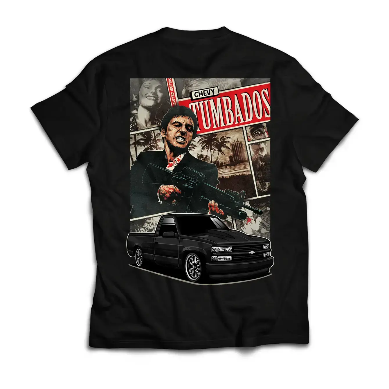 Chevy Tumbados Scarface Bundle T-Shirt, Vintage Graphic Tee, Unisex 100% Cotton Short Sleeve Shirt, Soft Comfortable Casual Wear, Streetwear Fashion Top, Classic Car Enthusiast Apparel, Retro Style Summer Outfit, Gift for Men & Women Backside Print