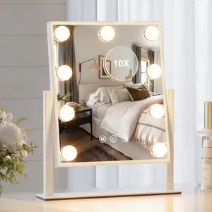 New Hollywood Style LED Vanity Mirror with Lights 9 Bulbs 3 Lighting Modes Touch Control 360-Degree Swivel 10x Magnification Makeup Cosmetic Mirror for Tabletop Storage