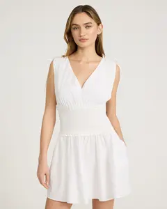 Express Cotton Poplin V-Neck Smocked Waist Mini Dress with Pockets