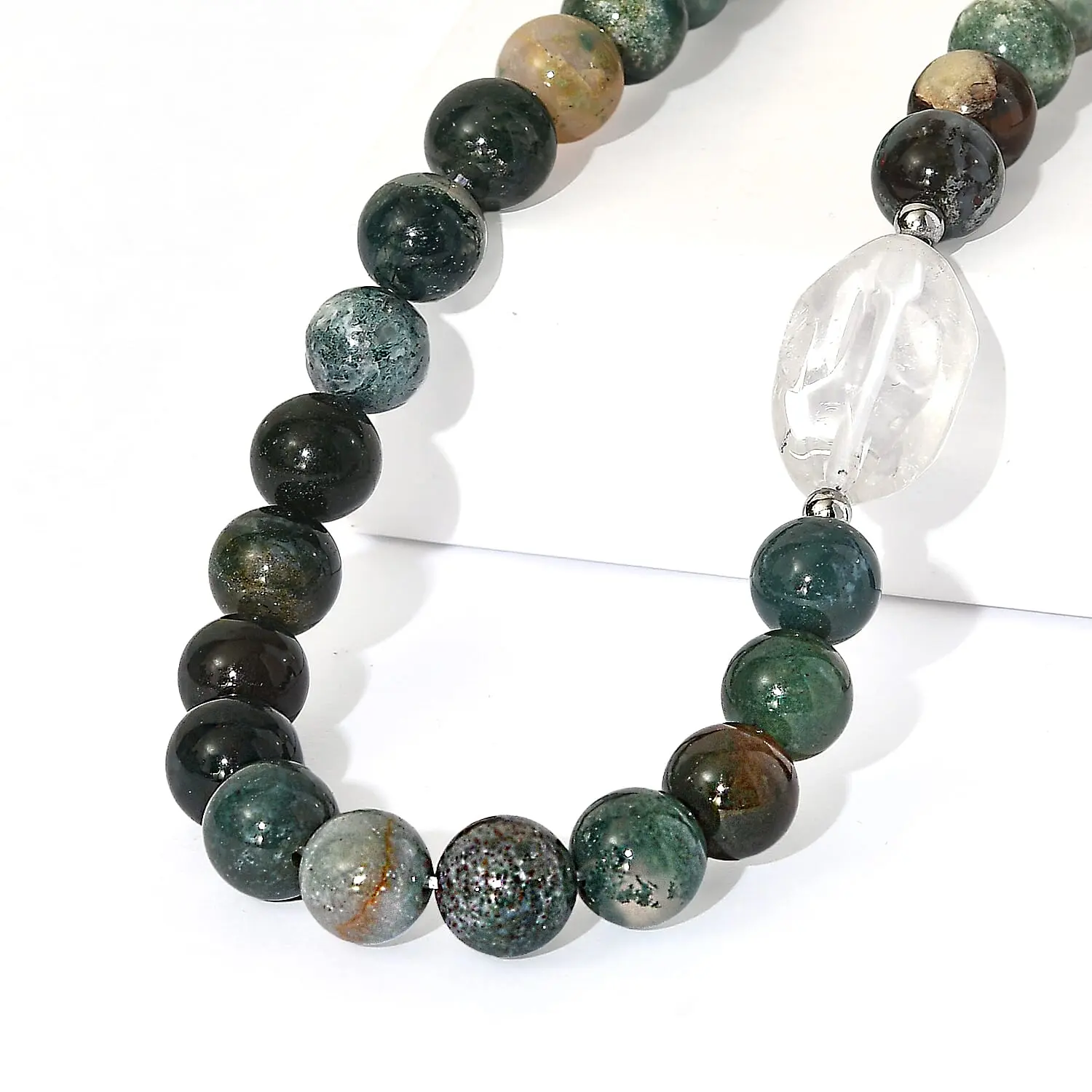 Moss Agate and  Crystal 328.00 ctw Beaded Necklace in Platinum Over 18 Inches