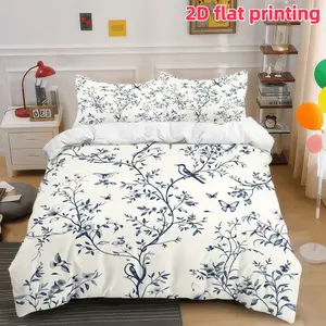 2D Flat 3Pcs Elegant Blue Chinoiserie Floral & Bird Duvet Cover, Soft Microfiber Bedding with Butterfly and Botanical Print, Chic Decor for Bedroom Guest Room Teen, No Filler, All Season