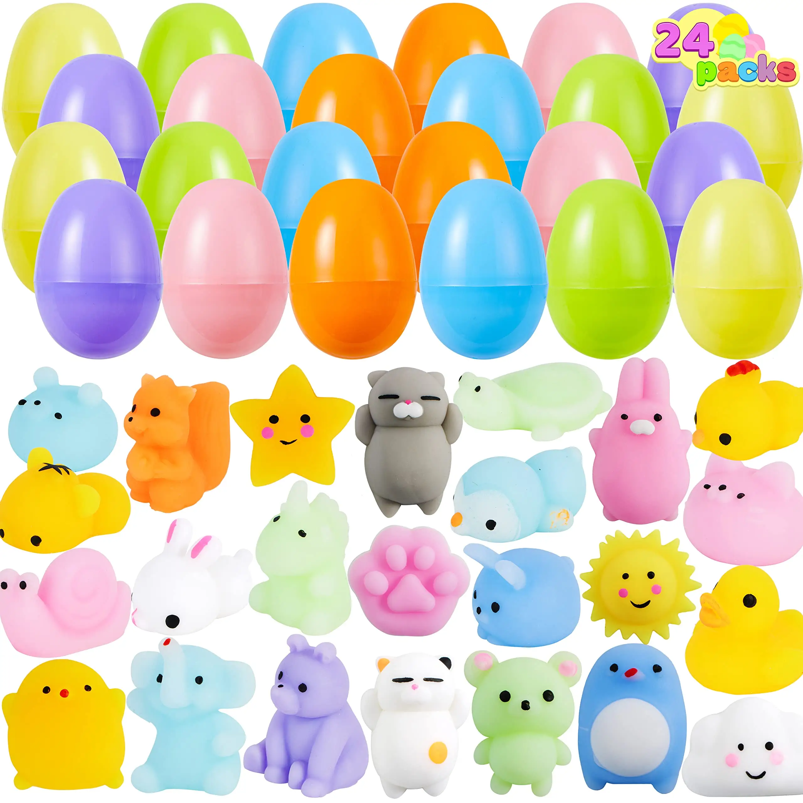 24Pcs Easter Prefilled Eggs with Mochi Squishy Toys, Animal Stress Reliever Squishy Toy for Easter Theme Egg Hunt, Kids Party Favor, Basket Stuffers F