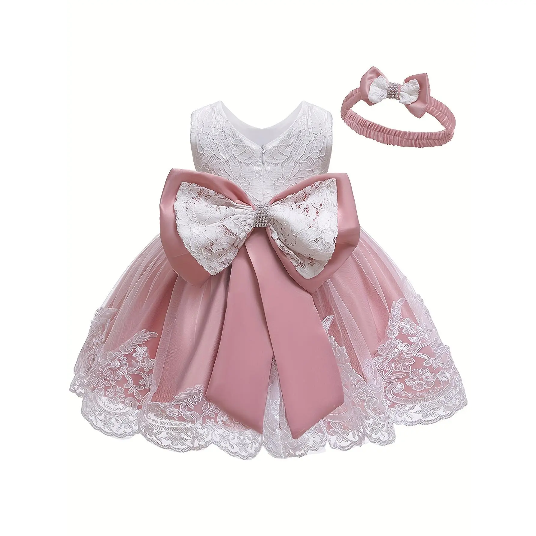 Toddler Baby White Lace Tutu Dress with Bow - Sleeveless Baptism Wedding Pageant Dress, Baptism Outfit and 1st Birthday Party Dress, Round Neck Ball Gown, Suitable for 1-Year-Olds