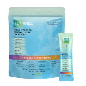 FlyWell Travel Vitamin Tonic for Flight Jet Lag Hydration Circulation Digestion & Immune Support Passion Fruit Tangerine 15 Sticks Made in USA Healthcare
