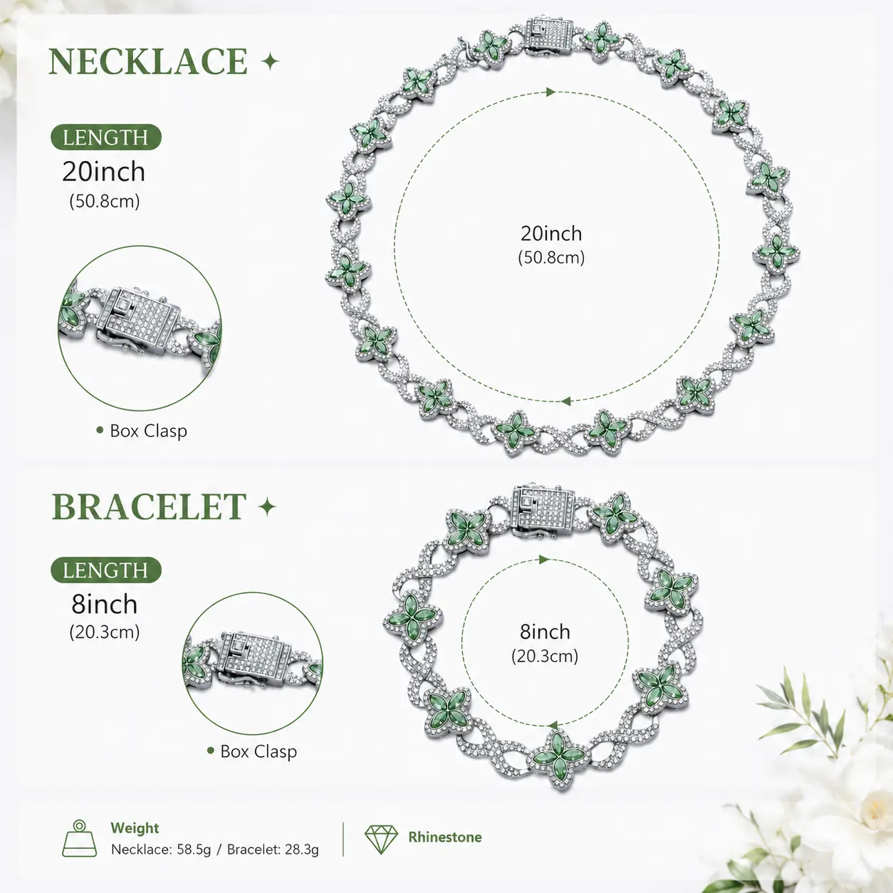 RQSP Women's Hip Hop Iced Out Green 4-Leaf Clover Jewelry Gift Set - Adjustable 20" Chain, 8" Matching Charm Bracelet, Costume & Fashion Jewelry Set, Other Metals, Casual Anniversary Accessory