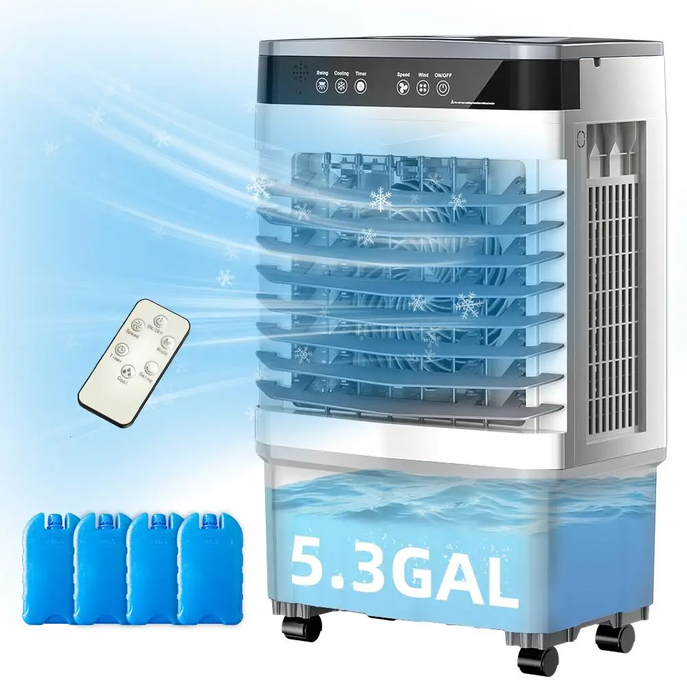Portable Cooling Fan with 12H Timer,4 Ice Packs ,2.1/3.7/5.3 Gal Water Tank, Evaporative Air Cooler 3 Speeds, 120°Oscillation,Smart Remote,Swamp Coole