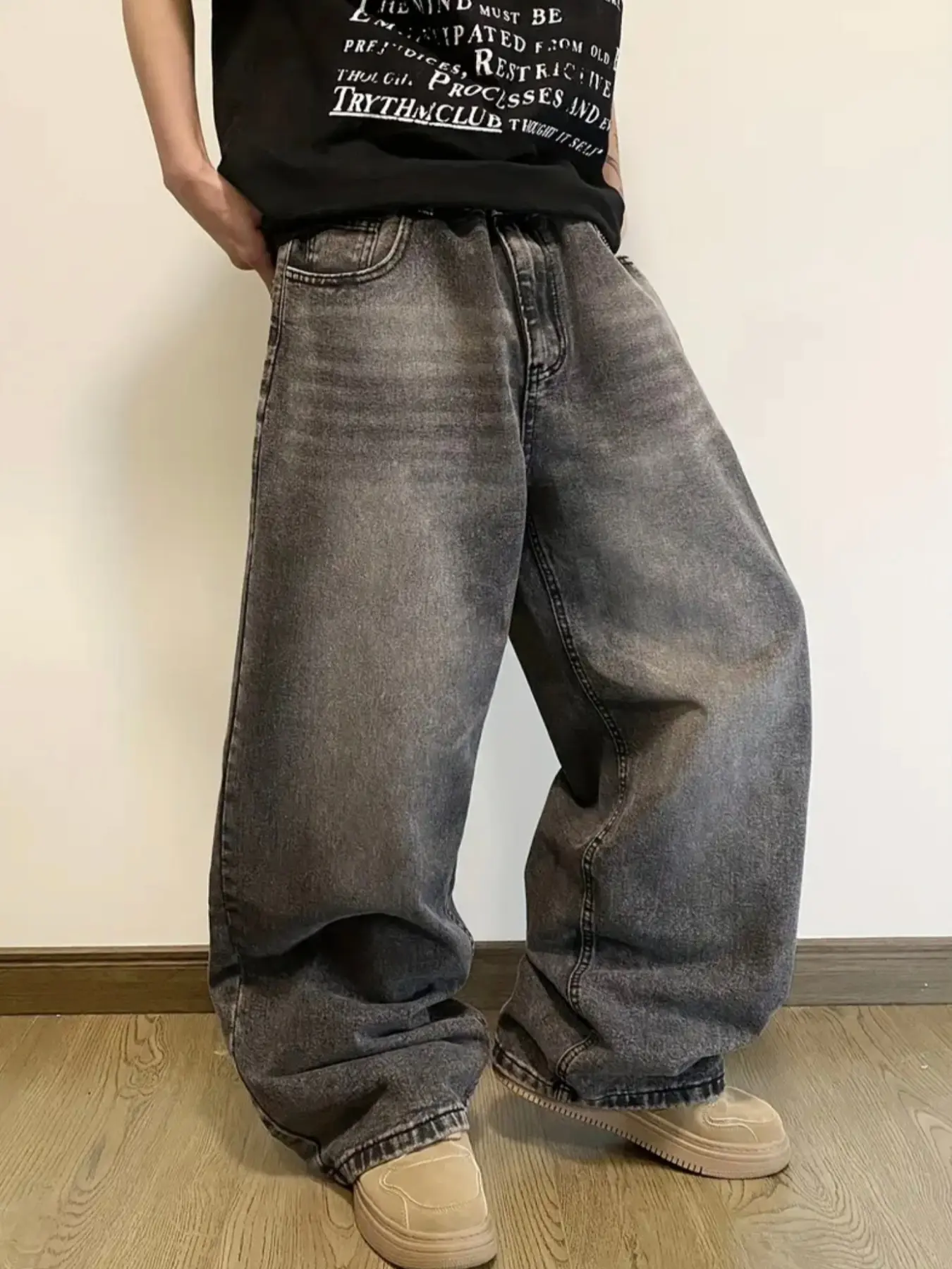 Men's Hip Hop Loose Fit Baggy Oversized Plain Jeans, Casual Wide Leg Pants, Vintage Skateboard Denim, Street Style, All Seasons, Versatile