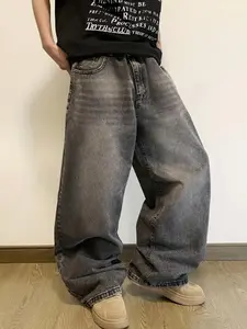 Men's Hip Hop Loose Fit Jeans, Casual Wide Leg Pants, Casual Denim Trousers, Vintage Skateboard Streetwear Aesthetic Denim Plain, Street Style, All Seasons, Versatile