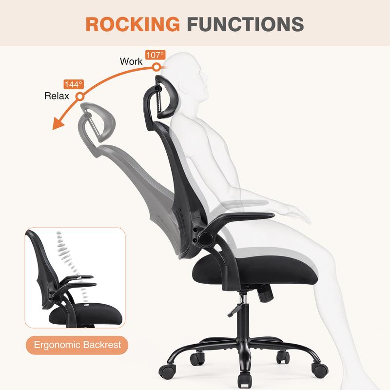 Sweet Furniture F Office Computer Desk Chair, Ergonomic High-Back Mesh Rolling Work Chairs with Wheels and Adjustable Headrests, Comfortable Lumbar Support, Comfy Flip-up Arms for Home, Bedroom