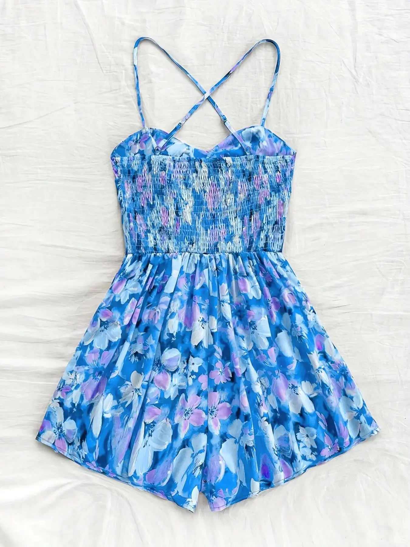 Vibrant Floral print, Tropical, cutout, cross-strap Woven jumpsuit, Romper, near the beach, Summer, Casual, Fit, one-piece wonder, effortless chic, streamlined style, versatile piece