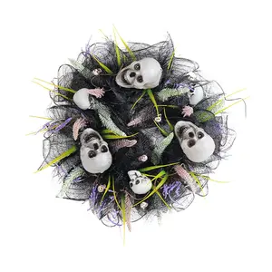 Artificial Halloween Wreath, Halloween Wreath for Front Door, Black Twig Spider Artificial Wreath, Eyeballs Bats Skeleton Wreath Sparkling Hanging Decorations for Indoor Outdoor Holiday Party