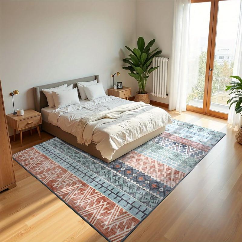 8x10 Washable Bohemian Print Area Rug with Geometric Pattern,Non-Slip Backing Indoor Modern Floor Mat,Low Pile Rug for Living Room,Bedroom,Dining Room,Dorm Home Decor, Red, Light Grey, Green,4x6,5x7,6x9,8x10 Feet