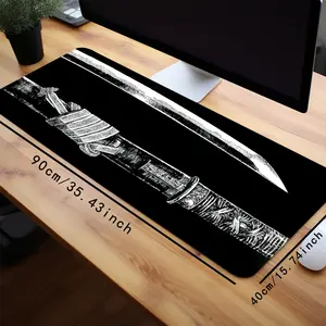 1pc Samurai Sword Desk Pad Japanese Katana Mouse Pad 35.4x15.7 Inch Desk Accessories Rubber Base with Stitched Edge Non-Slip Keyboard Pad for Office Home Computer as Gifts for Men Women Friends