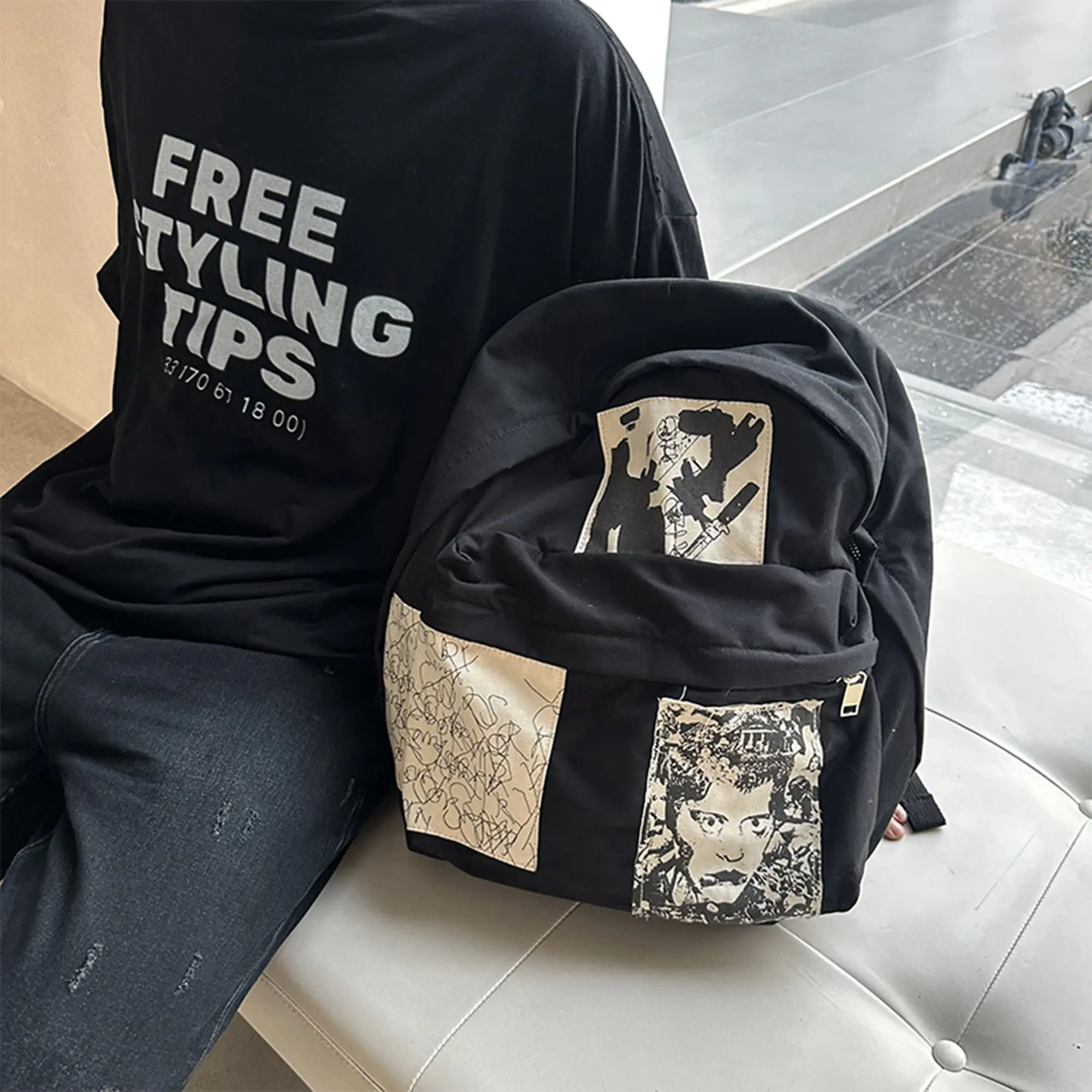 Dark Aesthetic Grunge Collage Patchwork Backpack, ERD Retro Abstract Figure Spliced Print Black Canvas Backpack, Y2K Alt Streetwear Large Laptop Backpack, Casual Daily Travel School Bag for Men Women Teens