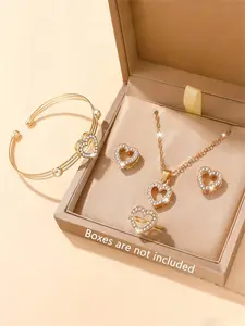 Heart-Shaped Alloy Cubic Zircon Zirconia Jewelry Set, Includes Necklace, Bracelet, Ring, Earrings, Simple & Elegant Design, Perfect for Gifts