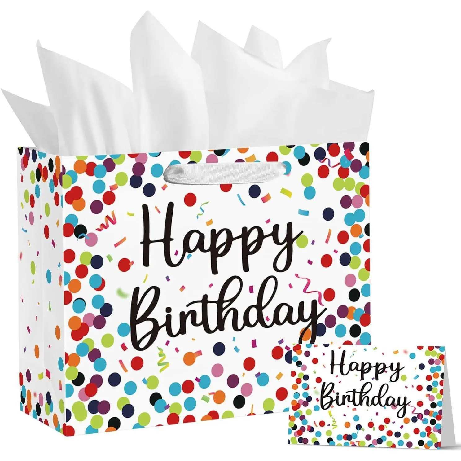 13" Large Birthday  Paper Bags with Tissue Paper and Card, Happy Birthday Dots Streamers  Paper Bag for Men Women  Birthday,1Pcs